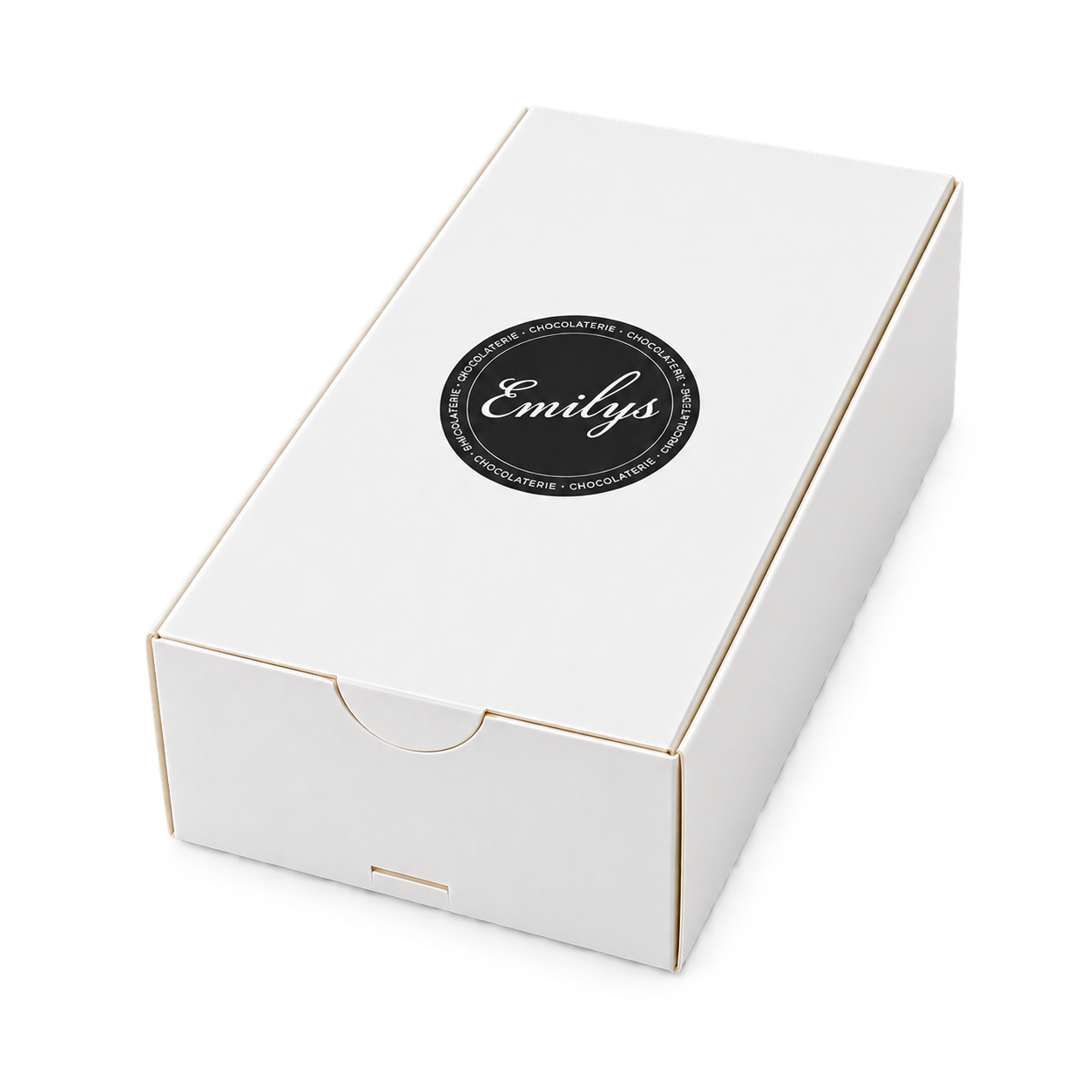 Die schmale weiße Cookie-Box mit Emilys-Aufkleber