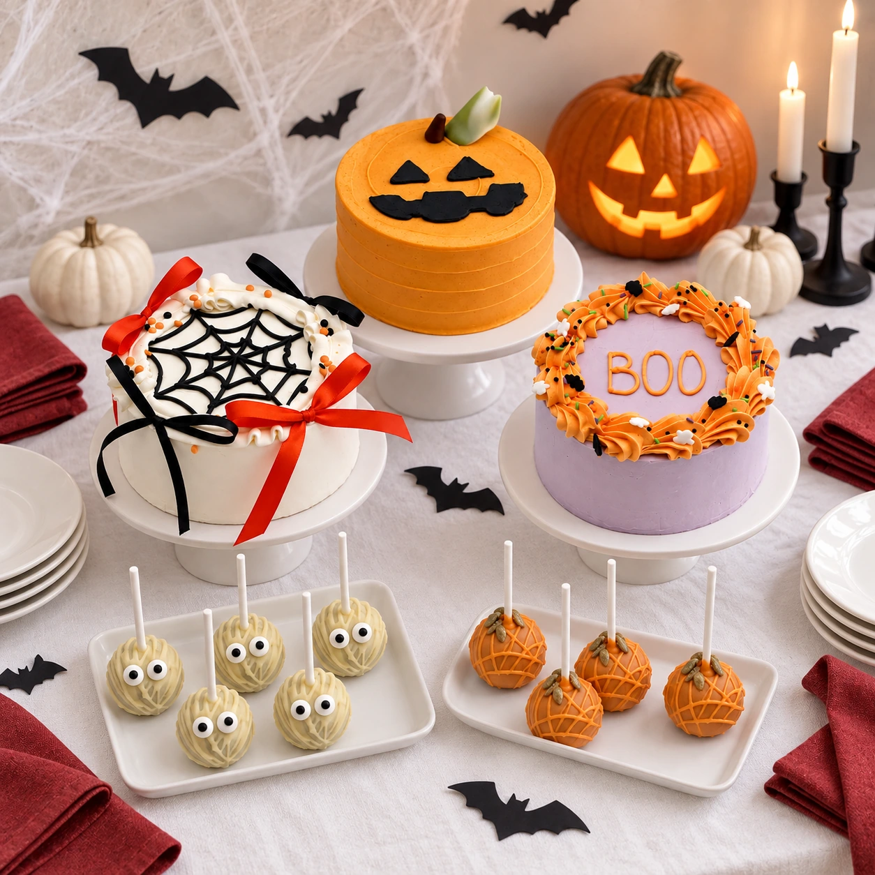 Dekoriertes Halloween-Buffet mit drei Bento Cakes und mehreren Cake Pops
