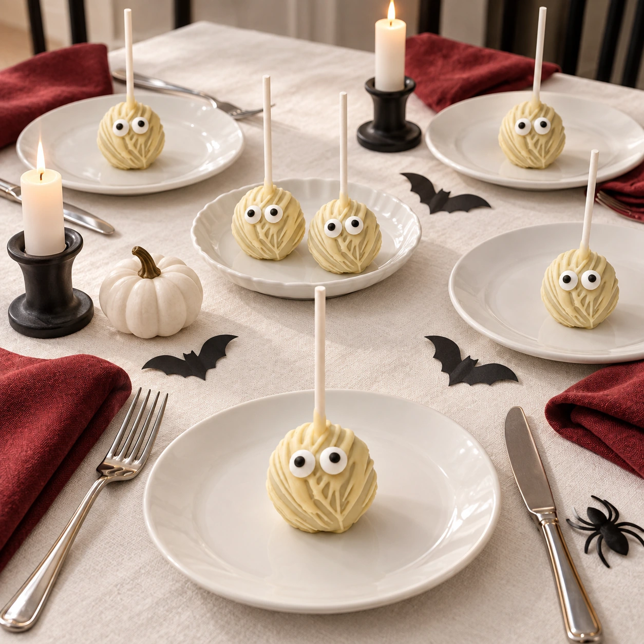 Mumien Cake Pops an einer Halloween-Tafel