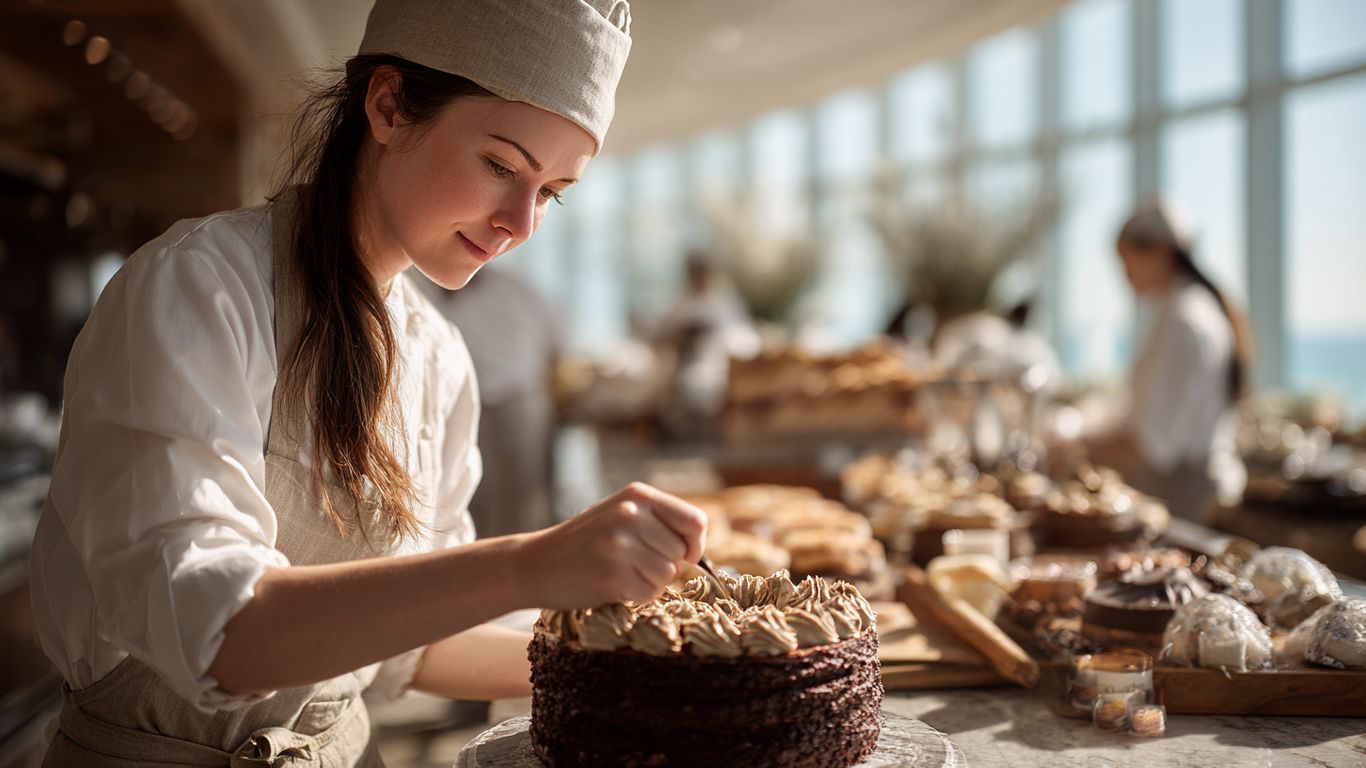 A person decorates a chocolate cake in a bakery with many pastries.