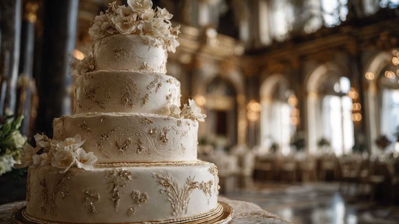 An ornate, multi-tiered white cake decorated with gold and flowers.
