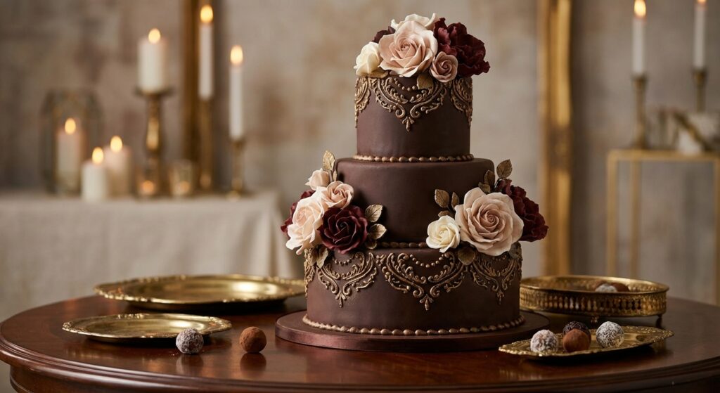 Elegante dreistöckige Hochzeitstorte mit handgefertigten Zuckerblüten - individuelle Tortenbestellung bei Emily's Chocolaterie
