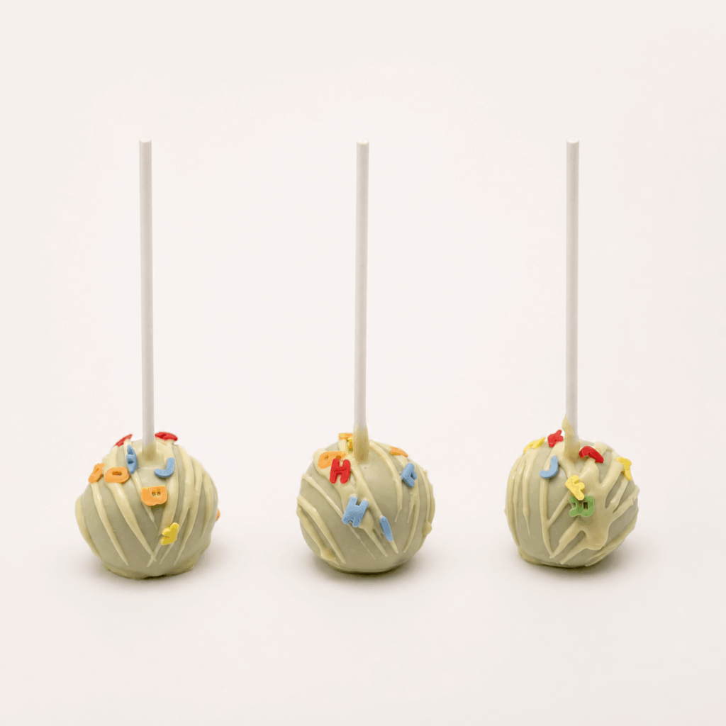 Drei grüne Einschulungs-Cake-Pops mit weißer Schokolade und bunten Buchstaben vor fast weißem Hintergrund