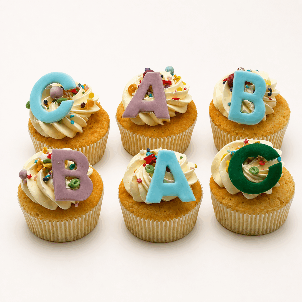 Sechs liebevoll dekorierte Einschulungs-Cupcakes mit ABC-Buchstaben vor fast weißem Hintergrund