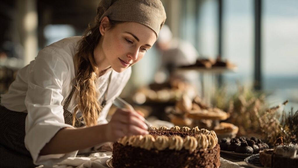 A person decorates a chocolate cake with frosting and sprinkles.