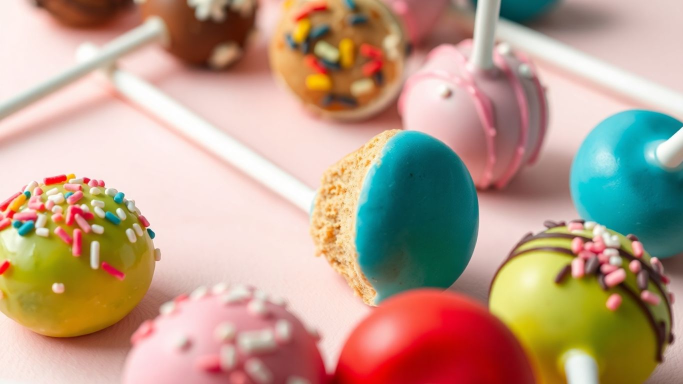 Bunte Cake Pops mit Streuseln auf hellem Untergrund.