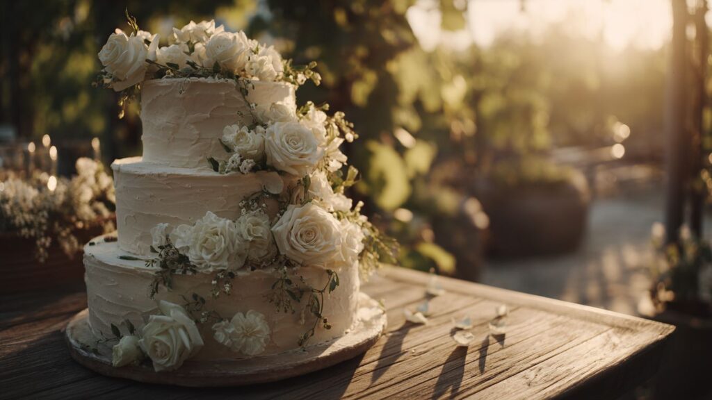 A three-tiered white cake decorated with white roses sits on a wooden table.