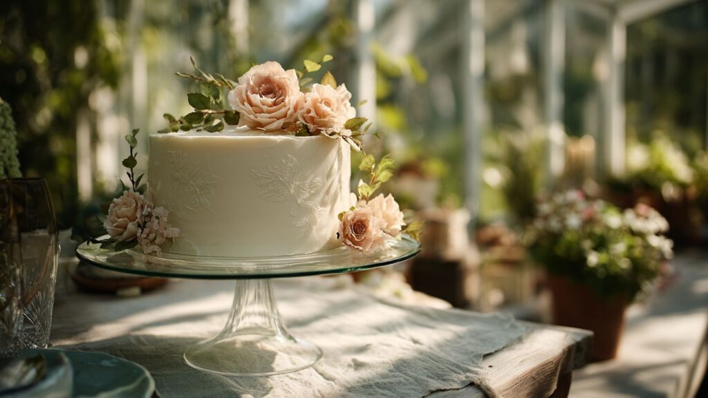 A white cake decorated with peach roses and greenery on a glass stand.