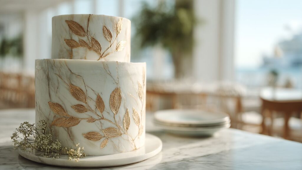 Elegant two-tiered cake with marble texture and gold leaf accents.