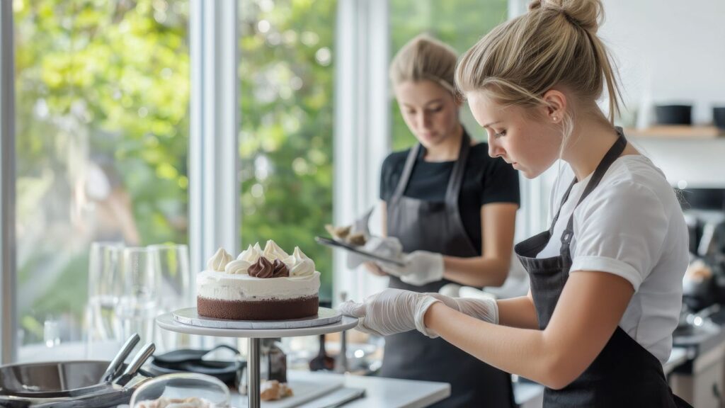 Two people decorating a cake in a bright kitchen.