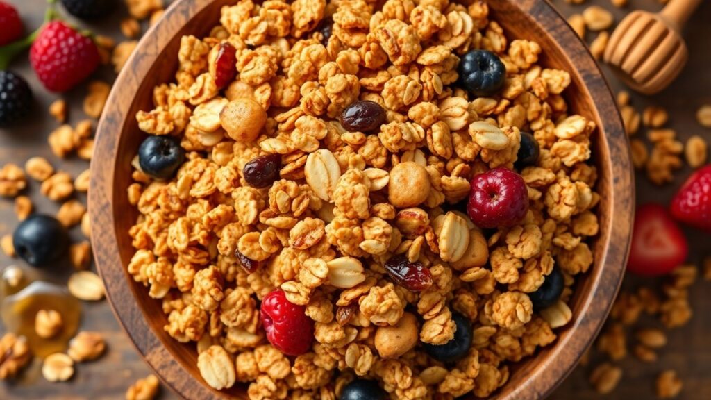 Schüssel mit Granola, Beeren und Honig
