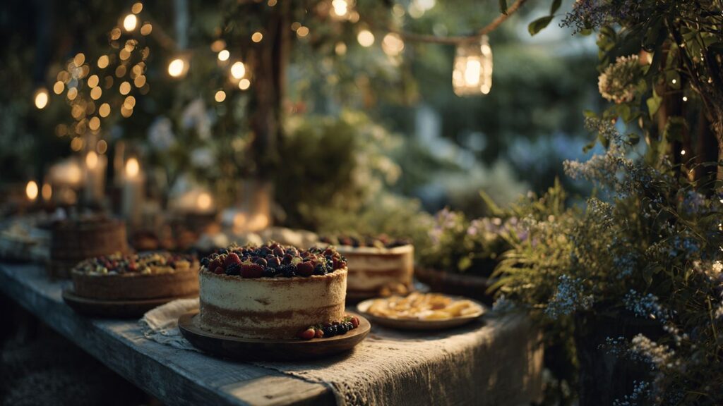 A festive outdoor table laden with cakes and lit by fairy lights.