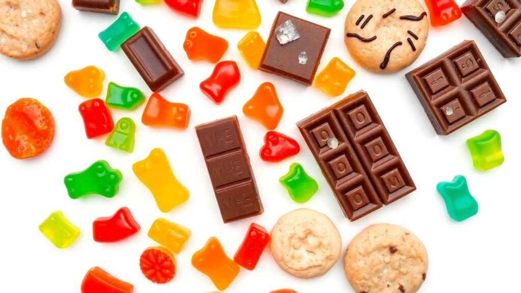 Vegane Süßigkeiten in bunten Farben und verschiedenen Formen.