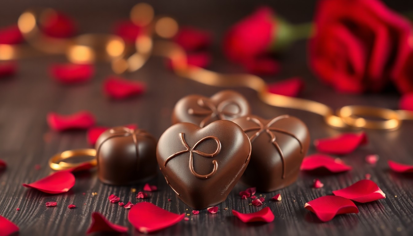Valentine heart-shaped chocolate pralines with red roses