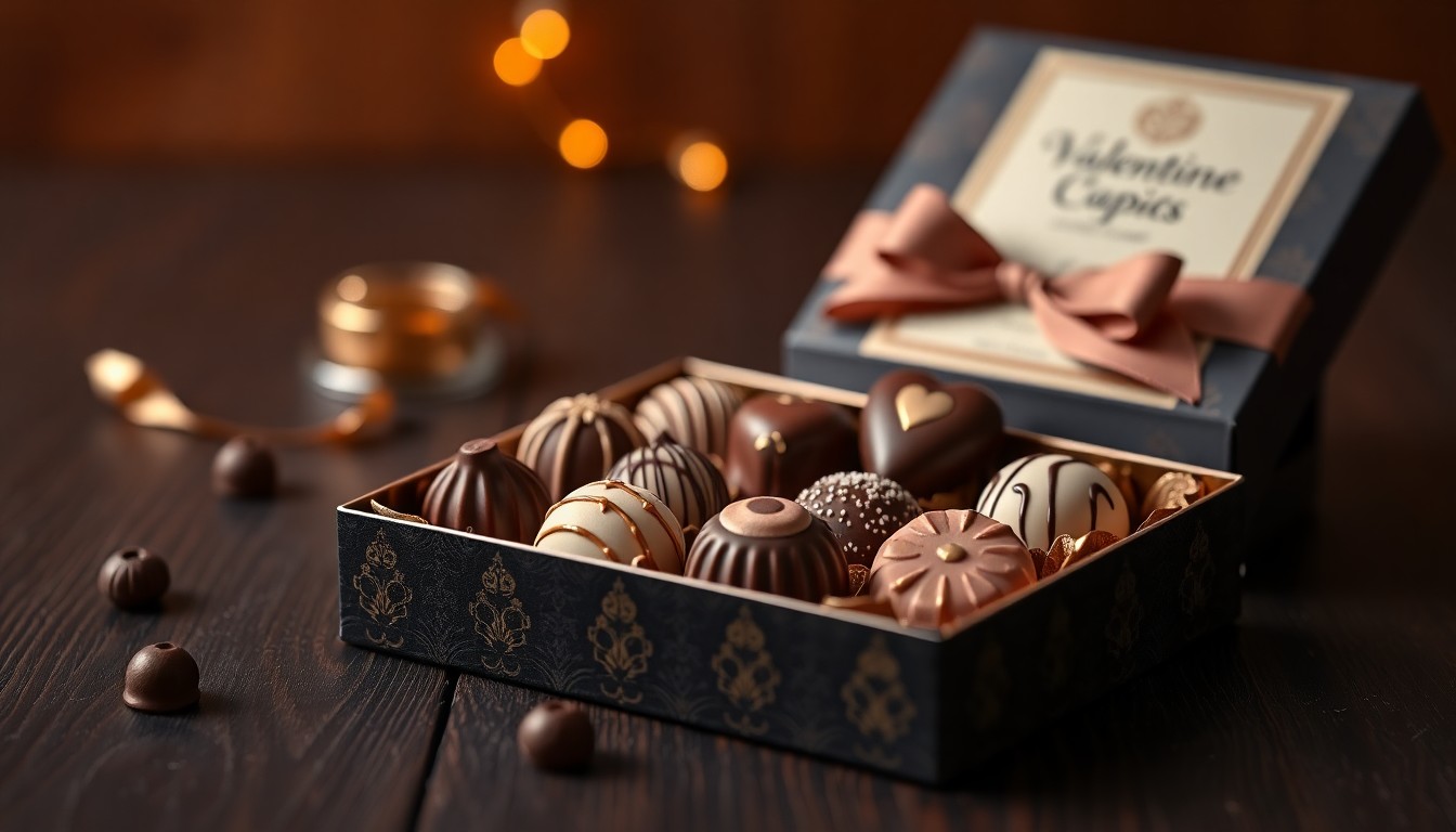 Luxury chocolate gift box with assorted pralines for Valentine’s Day
