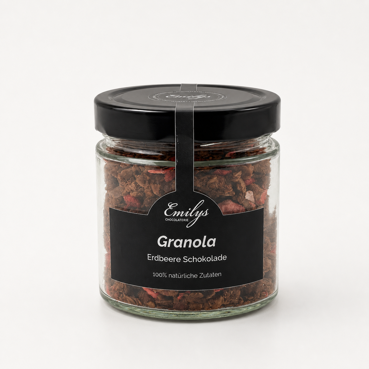 Granola Erdbeere Schokolade im Glas vor fast weißem Hintergrund – Emily's Chocolaterie