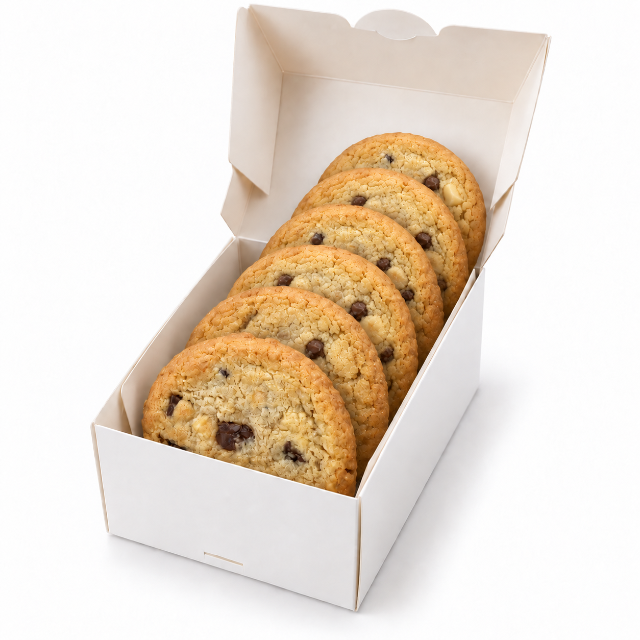 Schmale Cookie-Box mit sechs aufrecht hintereinander stehenden Cookies