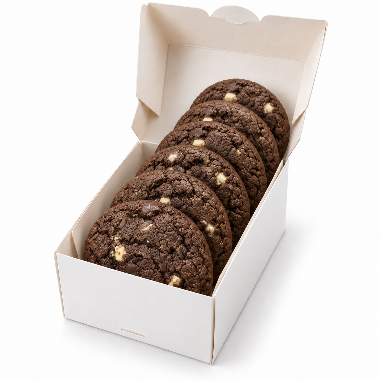 Schmale Cookie-Box mit sechs aufrecht hintereinander stehenden Cookies