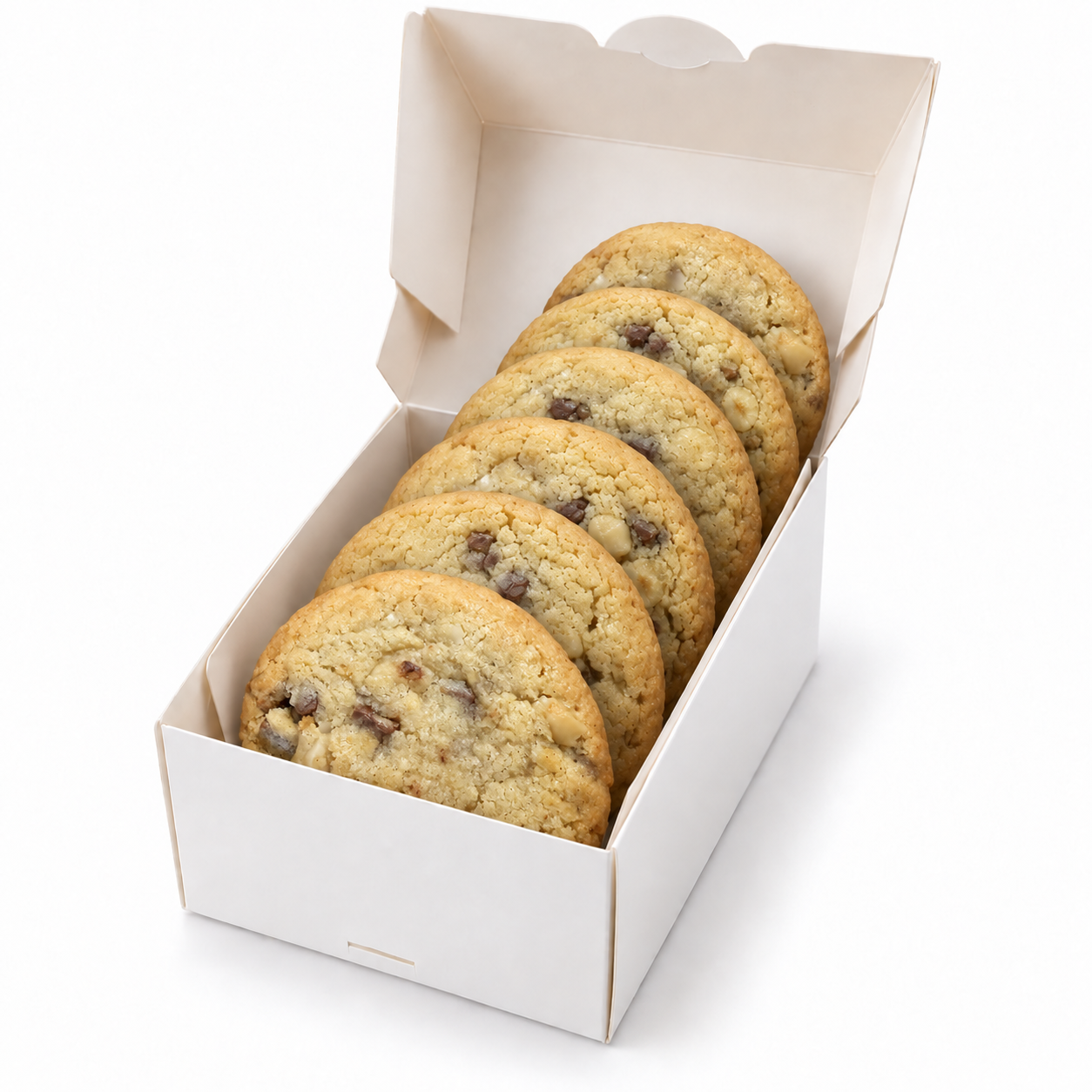 Schmale Cookie-Box mit sechs aufrecht hintereinander stehenden Cookies