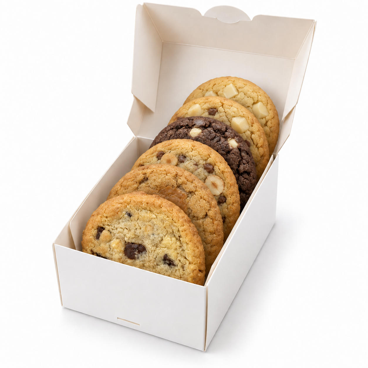 Schmale Cookie-Box mit sechs aufrecht hintereinander stehenden Cookies