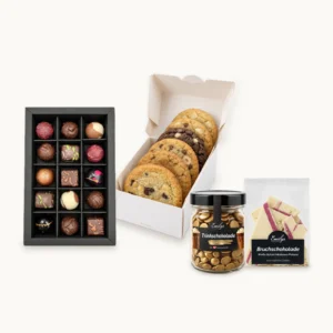 Geschenkset Weihnachtsglanz von Emilys Chocolaterie: Pralinenträume, Trinkschokolade Glitter Edition, Bruchschokolade Weiße Schoki Himbeere Pistazie und Cookie Try-Out-Box