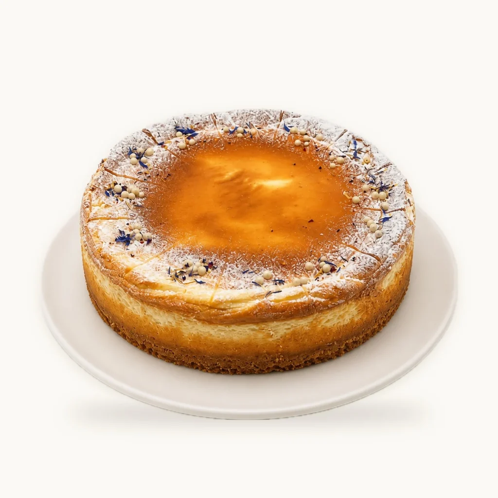 Karamell Cheesecake mit Schokoladendekor und Karamellkugeln auf weißem Teller vor fast weißem Hintergrund