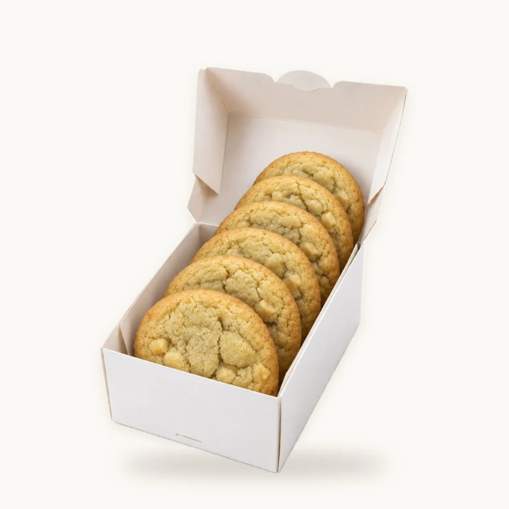 Schmale Cookie-Box mit sechs aufrecht hintereinander stehenden Cookies