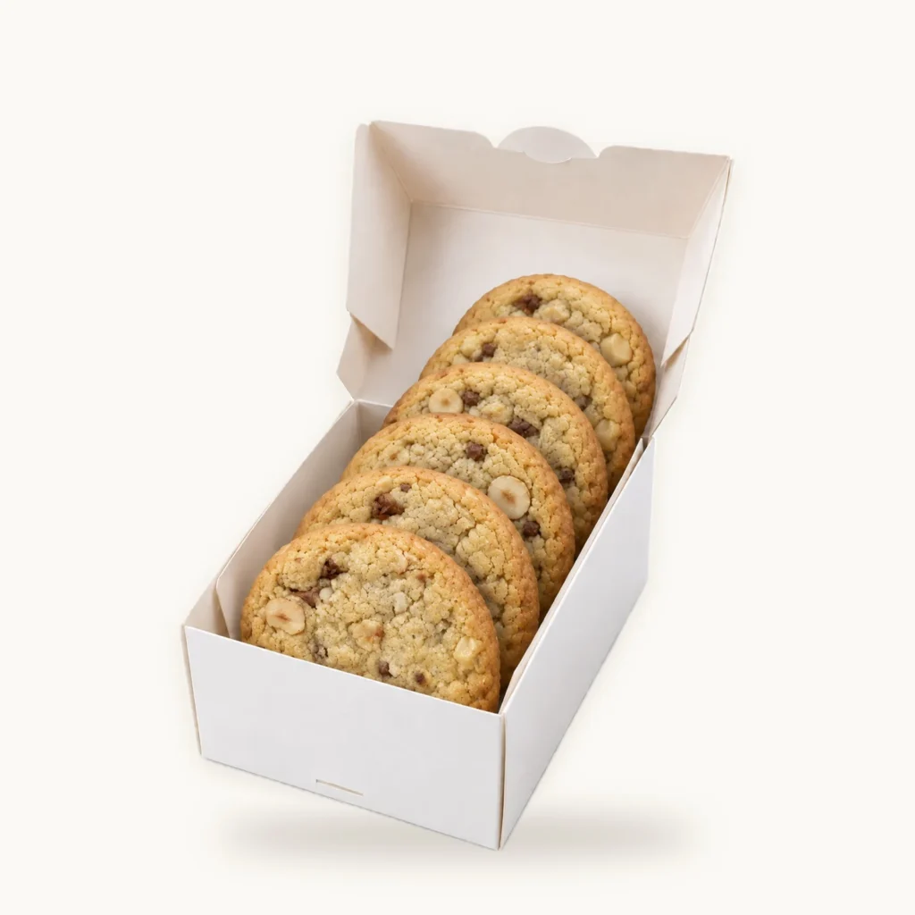 Schmale Cookie-Box mit sechs aufrecht hintereinander stehenden Cookies