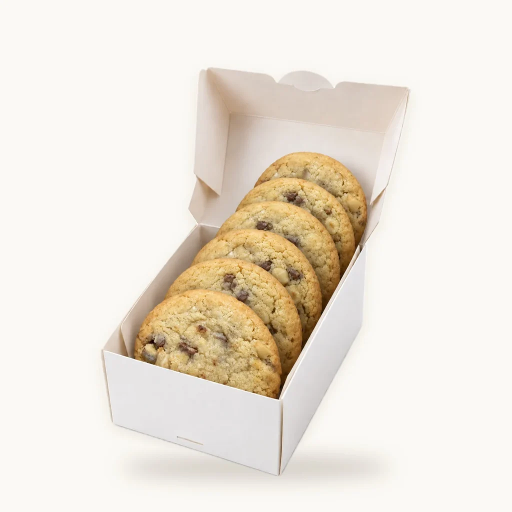 Schmale Cookie-Box mit sechs aufrecht hintereinander stehenden Cookies
