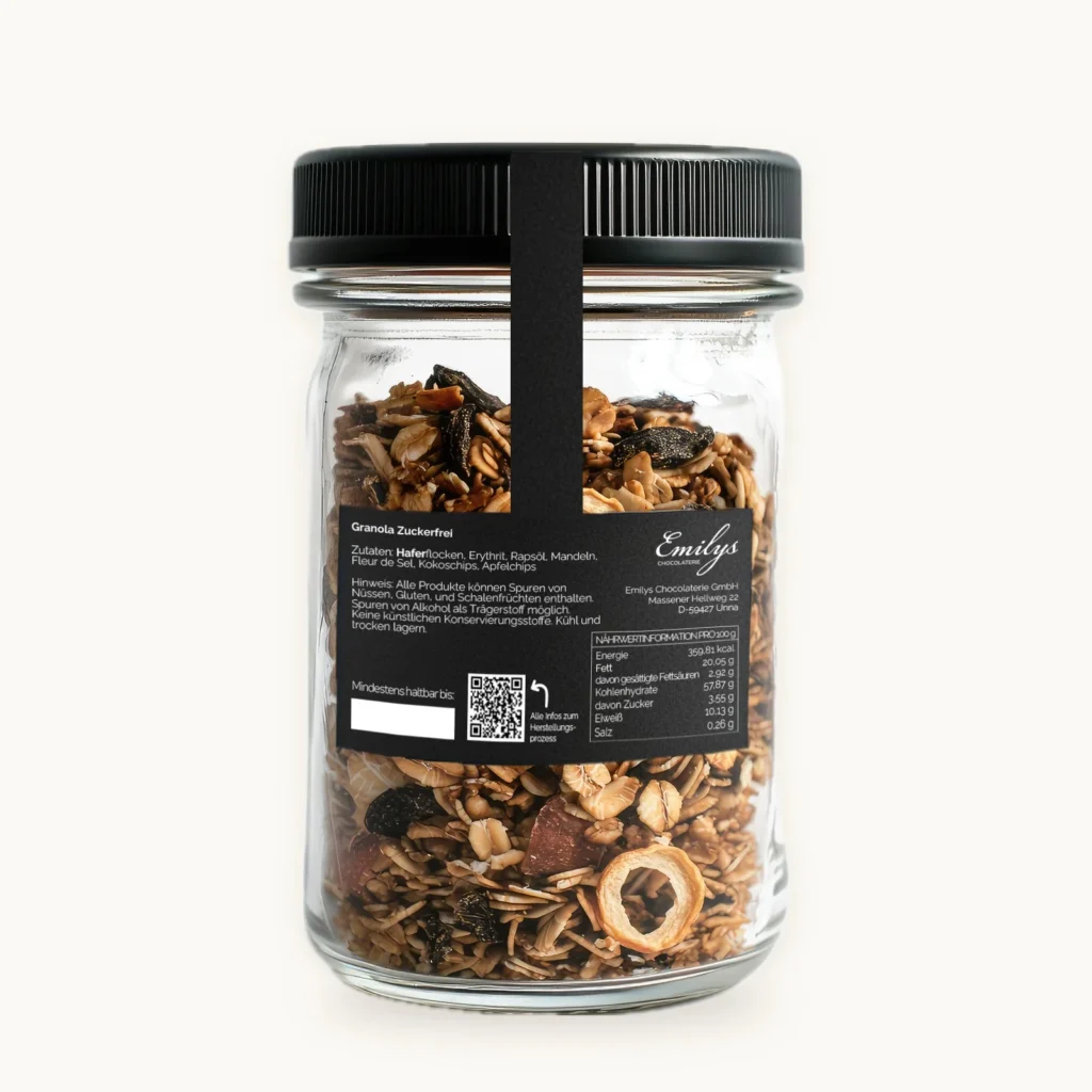 Granola Zuckerfrei im Glas, Rückseite mit Zutaten und Nährwerten