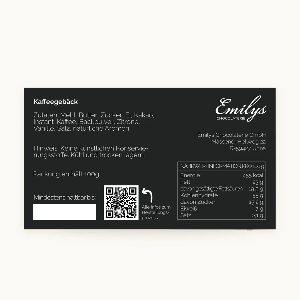 Rückseiten-Etikett von Cafféluxe Kaffeegebäck mit Zutaten, Allergenen und Nährwerten