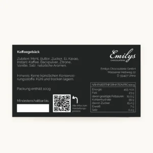 Rückseiten-Etikett von Cafféluxe Kaffeegebäck mit Zutaten, Allergenen und Nährwerten