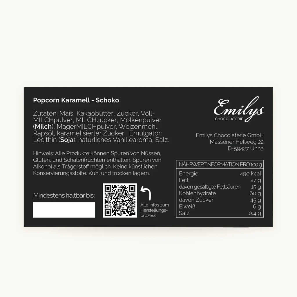 Rückseiten-Etikett von Popcorn Karamell & Schokolade mit Zutaten, Allergenen und Nährwerten