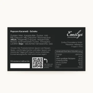 Rückseiten-Etikett von Popcorn Karamell & Schokolade mit Zutaten, Allergenen und Nährwerten