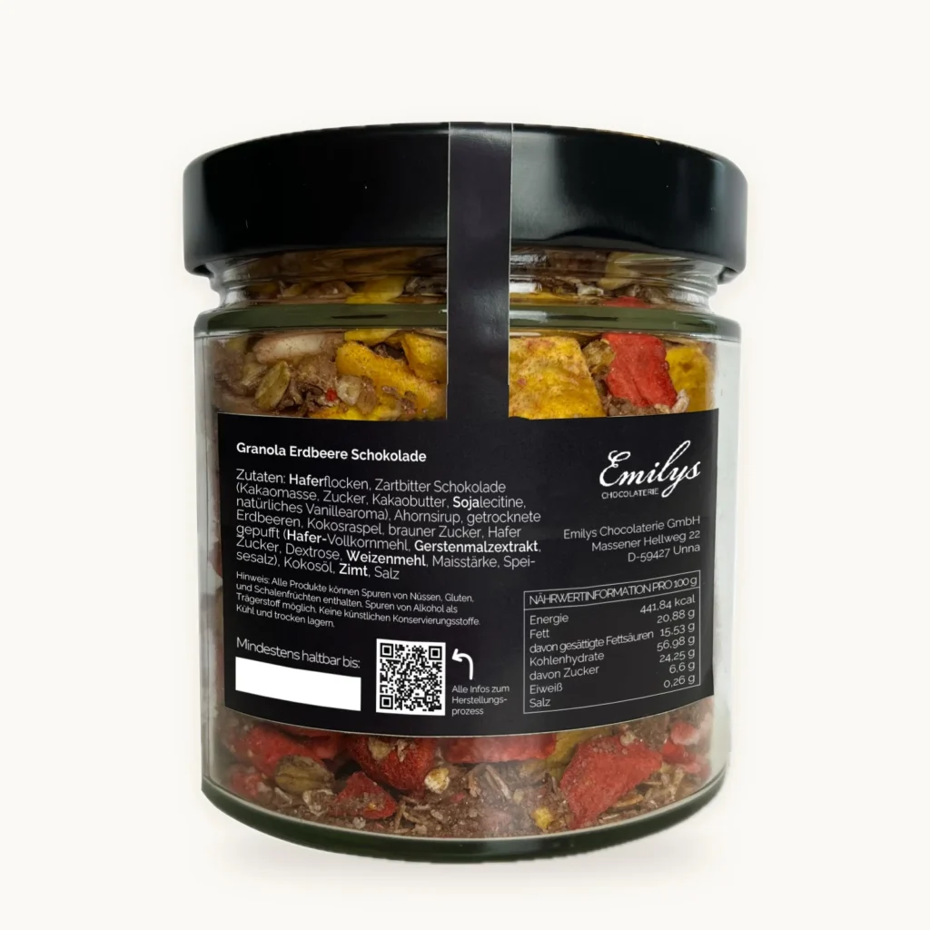 Rückseiten-Etikett des Granola Zuckerfrei Schoko Erdbeere Mango mit Zutaten und Nährwerten