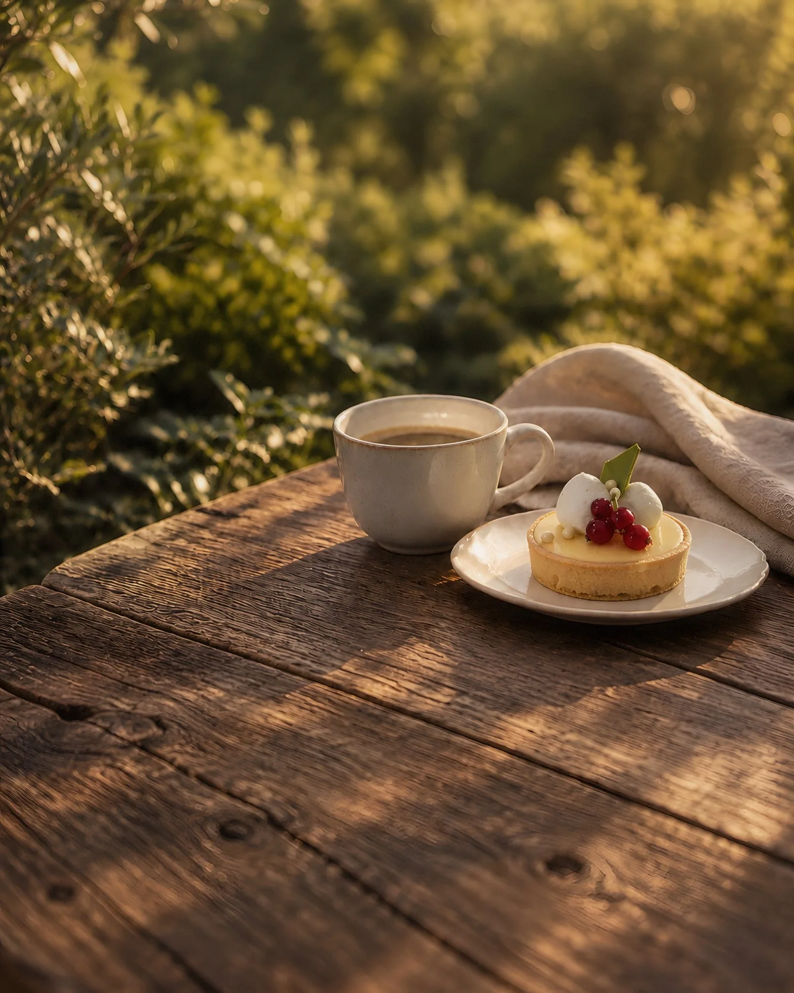 Kaffee und Tartelette mit roten Johannisbeeren im Gartencafé