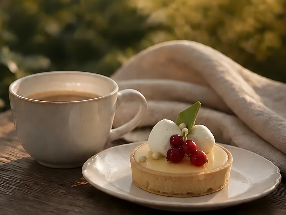 Kaffee und Tartelette mit roten Johannisbeeren im Gartencafé