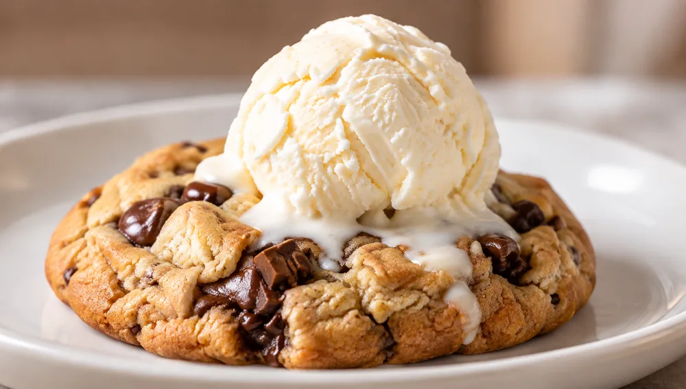 Warmer Cookie mit einer Kugel Vanilleeis