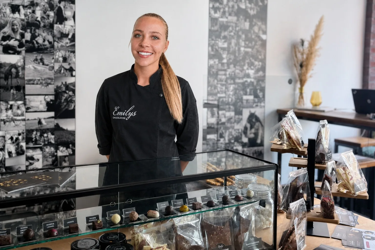 Konditormeisterin Emily Gorden an der Pralinentheke ihrer Chocolaterie in Unna