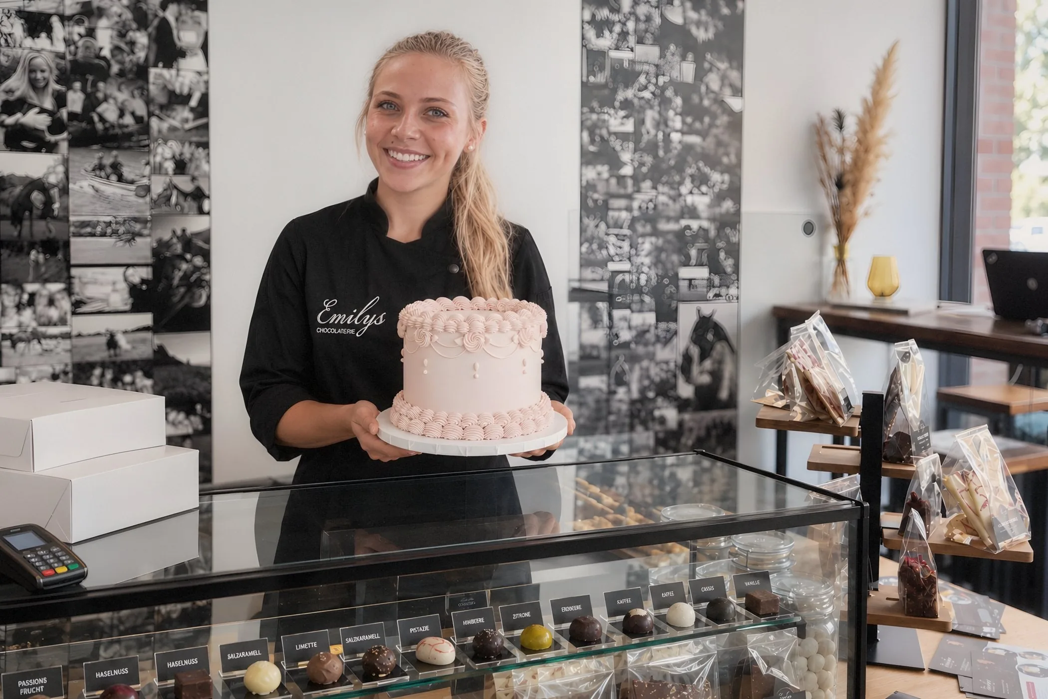 Emily Gorden mit einer fertigen Vintage-Torte zur Abholung in ihrer Chocolaterie in Unna