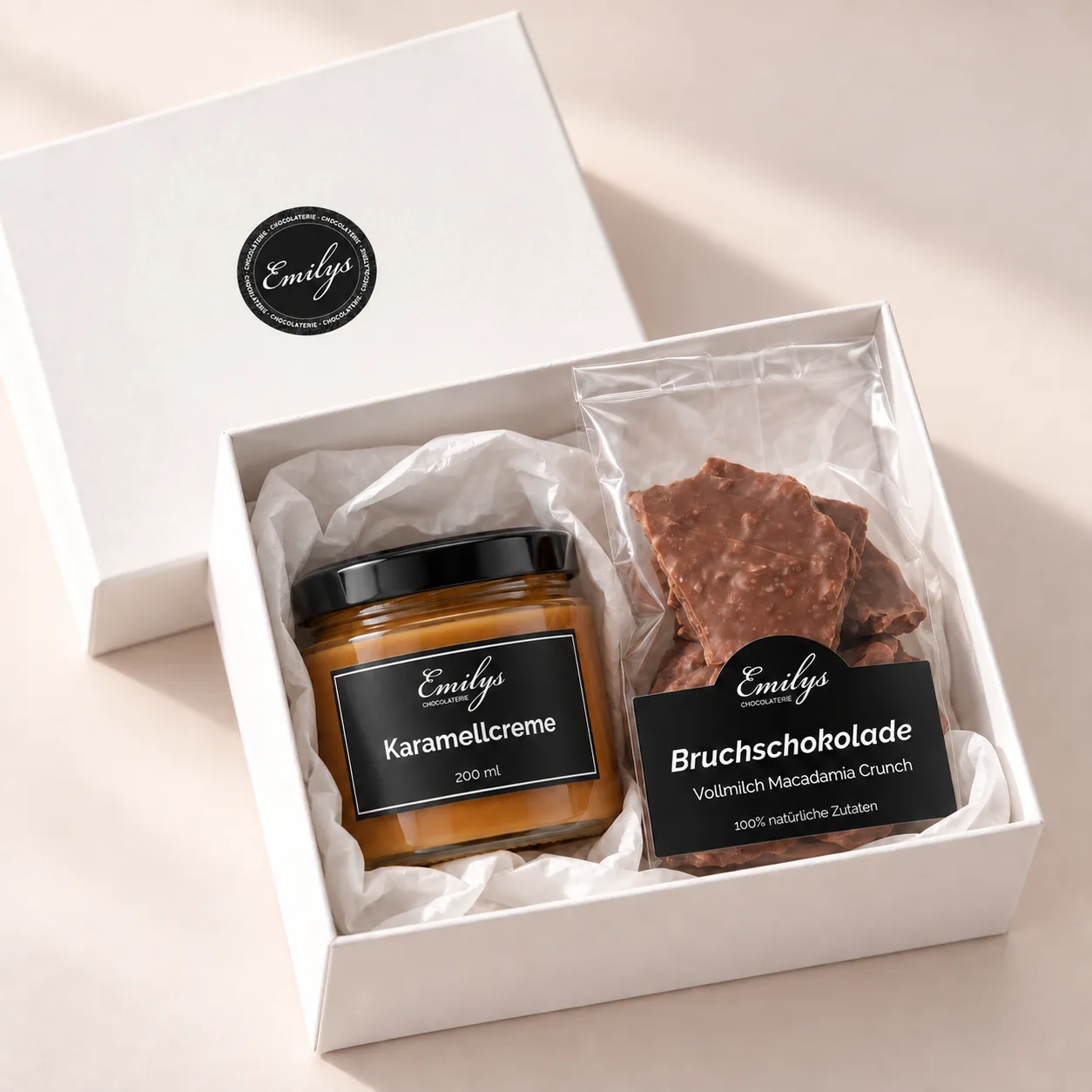 Geschenkbox mit Karamellcreme und Bruchschokolade