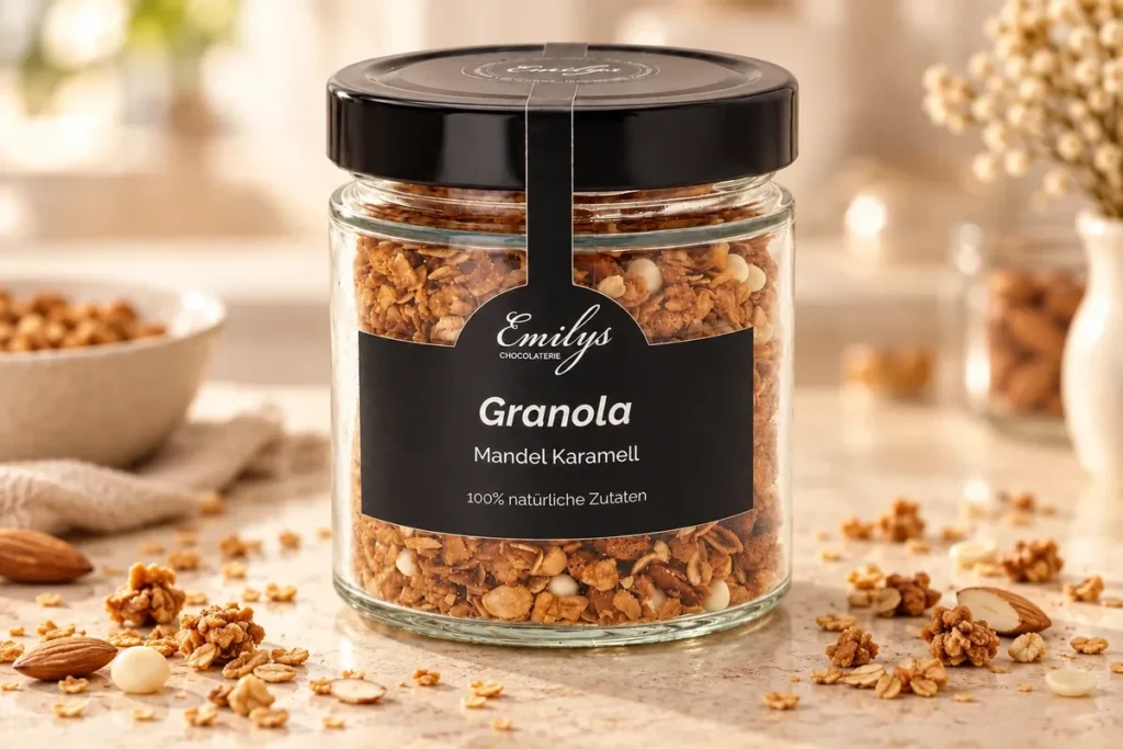 Granola Love Almond im Glas mit Mandeln auf der Küchentheke