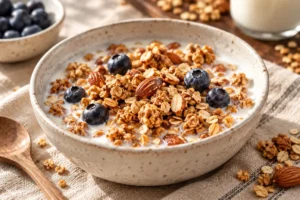 Granola Love Almond mit Milch und Heidelbeeren in einer Schale
