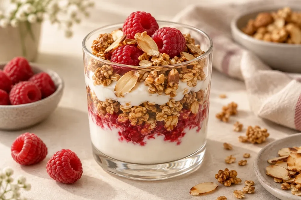 Joghurt mit Himbeeren und Granola Love Almond im Glas