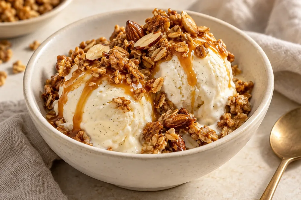 Vanilleeis mit Karamellsauce und Granola Love Almond