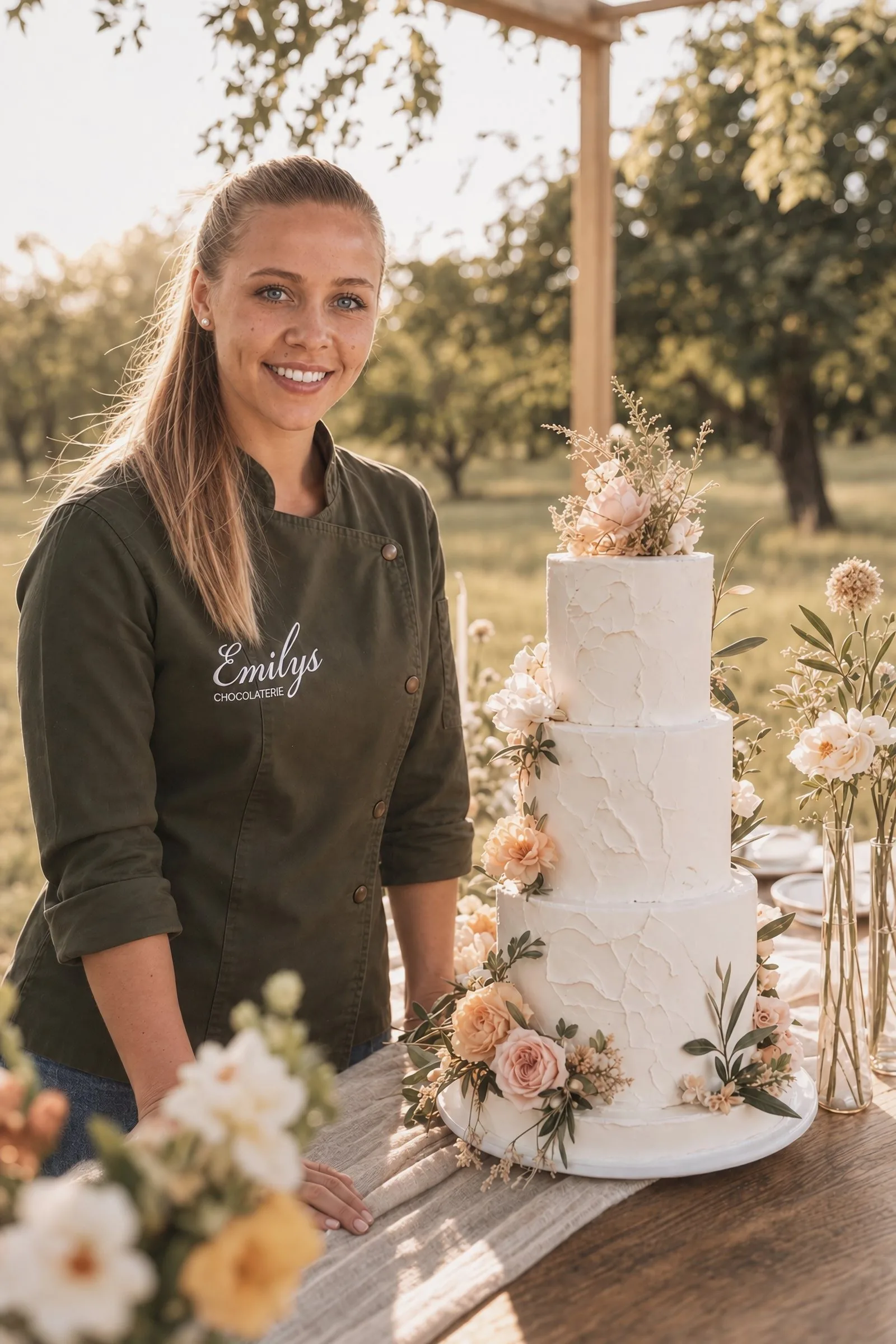 Konditormeisterin Emily Gorden mit einer Hochzeitstorte im Garten