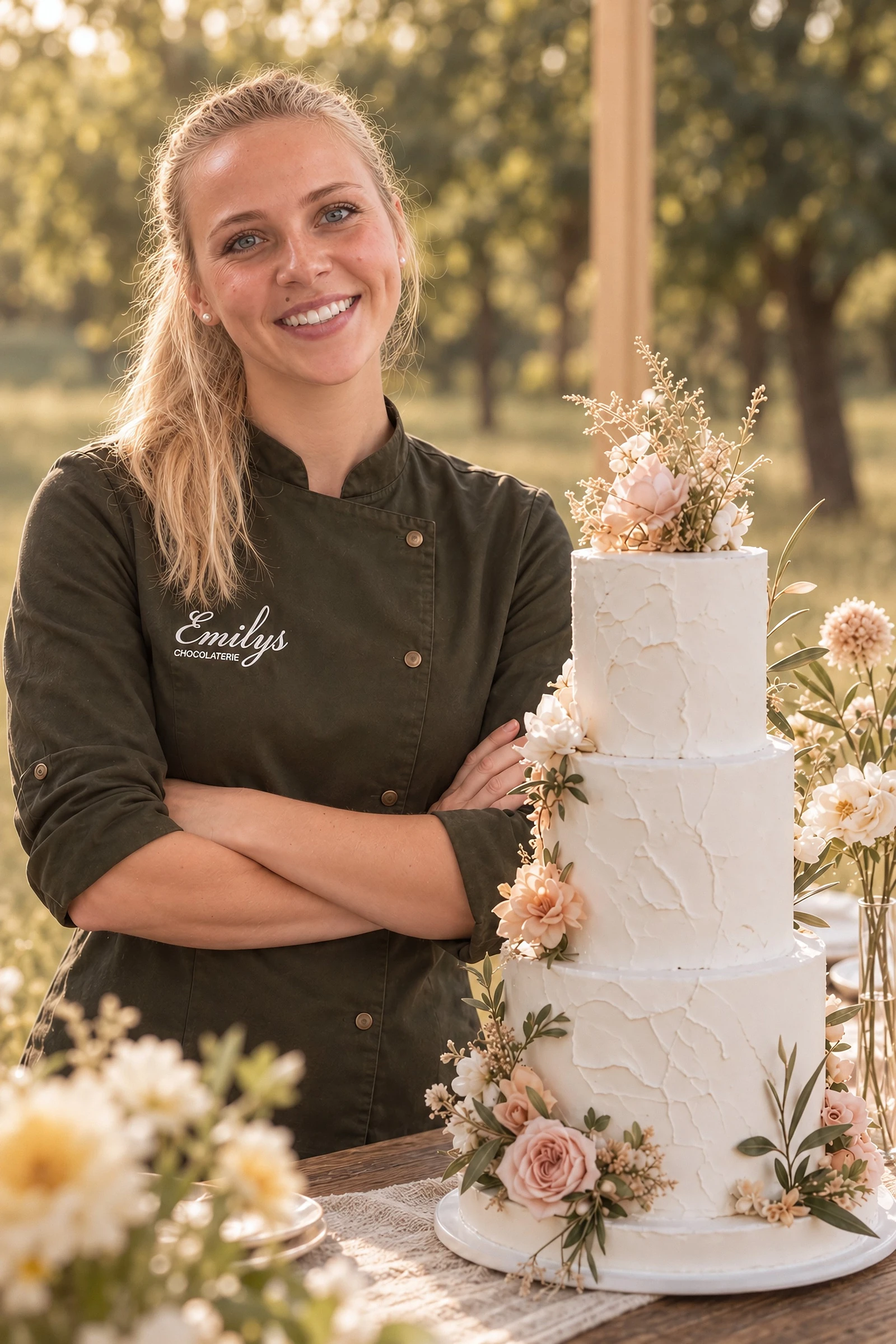 Konditormeisterin Emily Gorden mit einer Hochzeitstorte im Garten