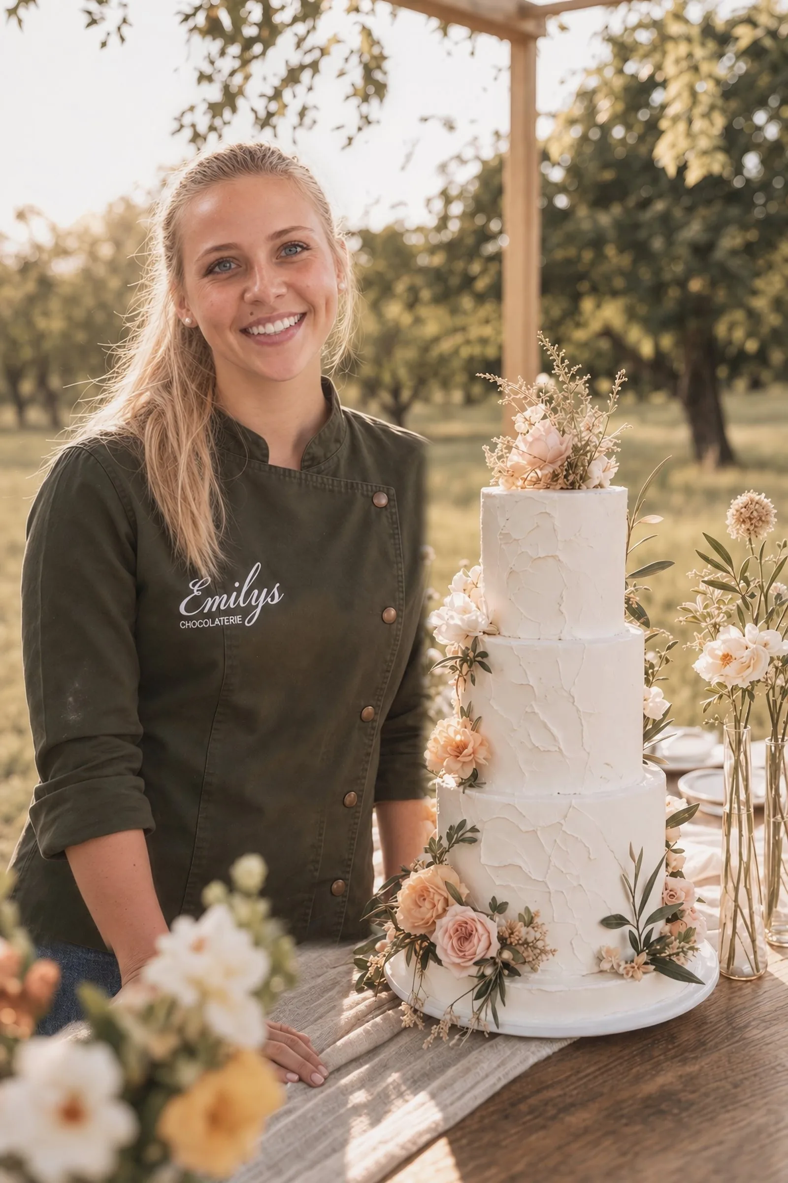 Konditormeisterin Emily Gorden mit einer Hochzeitstorte im Garten