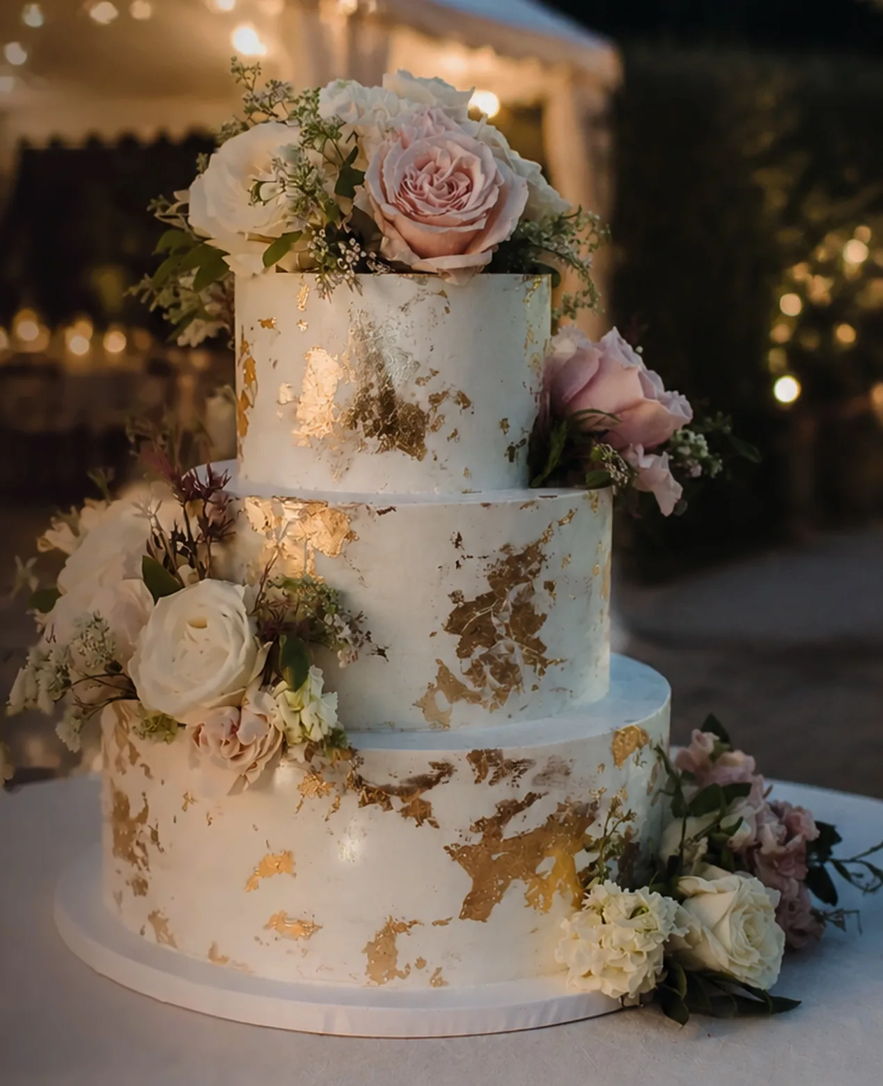 Hochzeitstorte „Die Royale“ mit Blattgold und Rosen am Abend im Garten