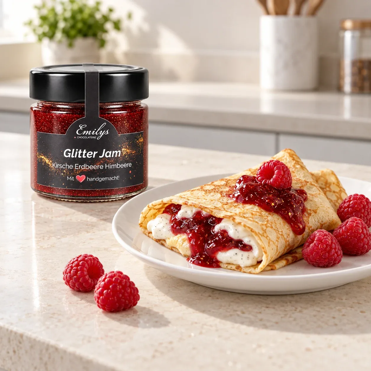 Crêpes mit Quark, Himbeeren und Glitter Jam Kirsche Erdbeere Himbeere